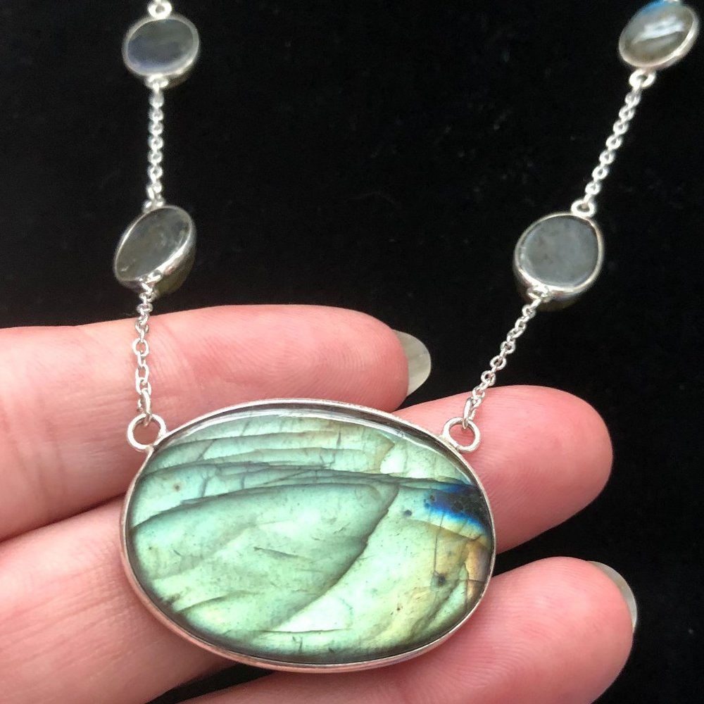 Really Pretty Firey Labradorite 925 Sterling Silver Plated Necklace  18"